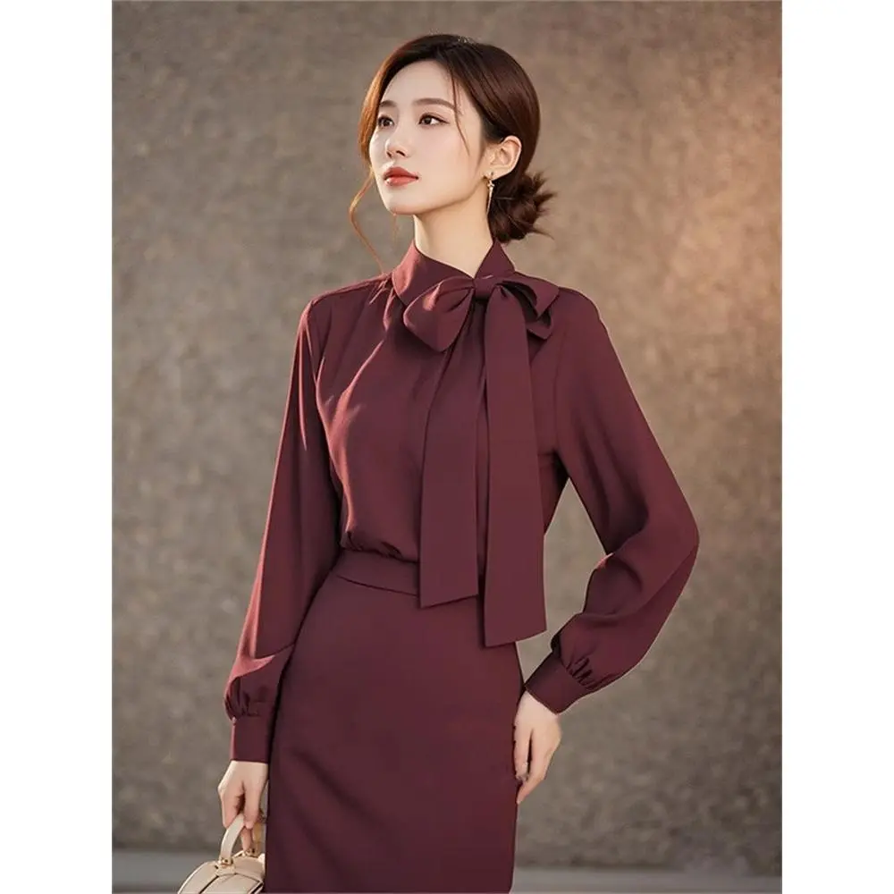 Bộ Váy Bó Sát Eo, Áo Sơ Mi Đỏ Mùa Thu