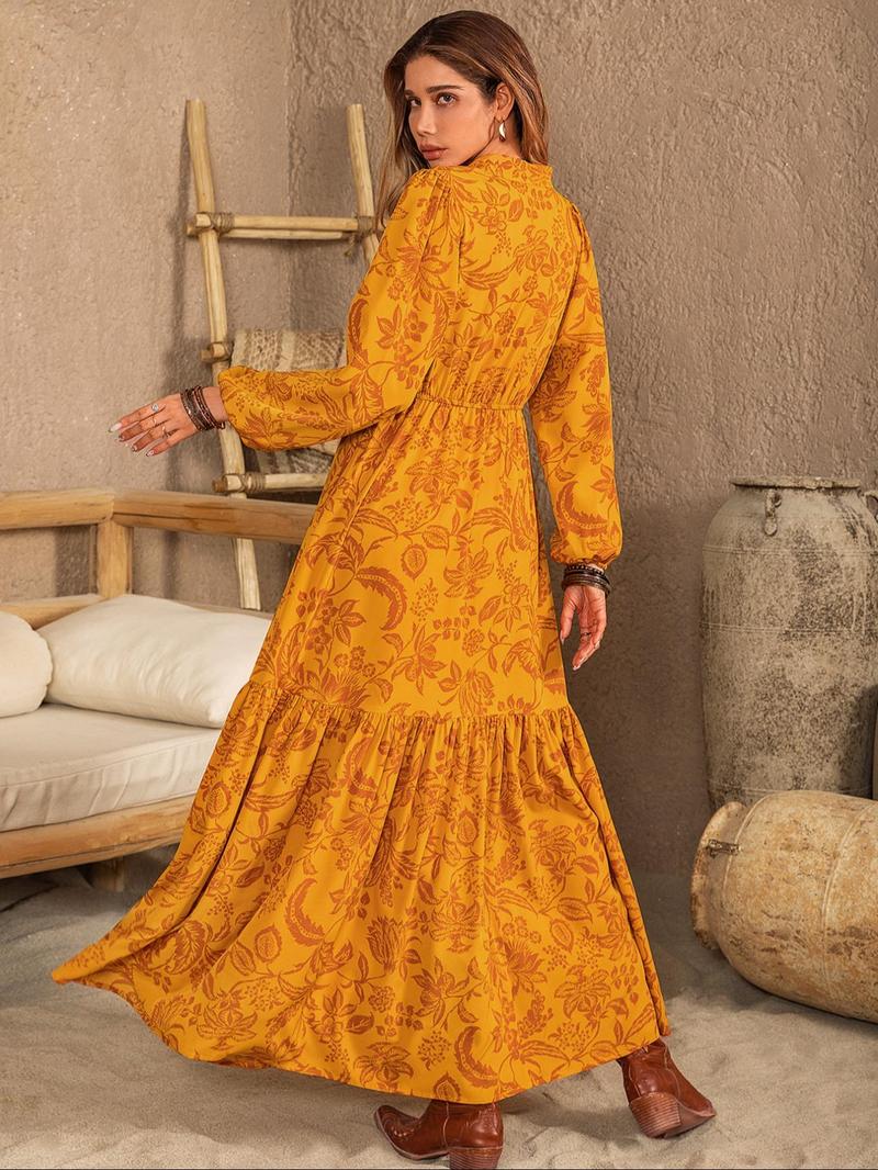 Product Introduction of Women's Floral Print Embroidered Trim Bishop Sleeve Notch Neck A-line Long Dress, Dresses for Women, Boho Spring & Fall Summer, Maxi Dresses for Vacation, Holiday Dresses, Belleza Fits, Womenswear 20