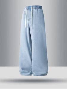 Men's Denim Drawstring Waist Wide Leg Jeans, Loose Casual Comfy Retro Trousers for Daily Wear, Men's Bottoms for All Seasons, Cotton