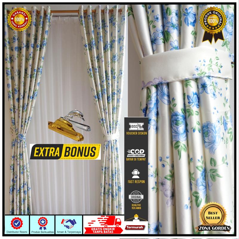 gorden jendela estetik motip bunga shabby import keluaran terbaru mewah murah kain silver Tali Vitrase 2