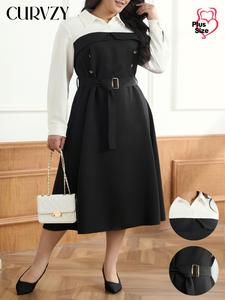CURVZY Plus Size Colorblock Patchwork Belted Button Front Dress, Elegant Long Sleeve Collared Dress for Spring & Fall, Women's Clothes for Daily Wear