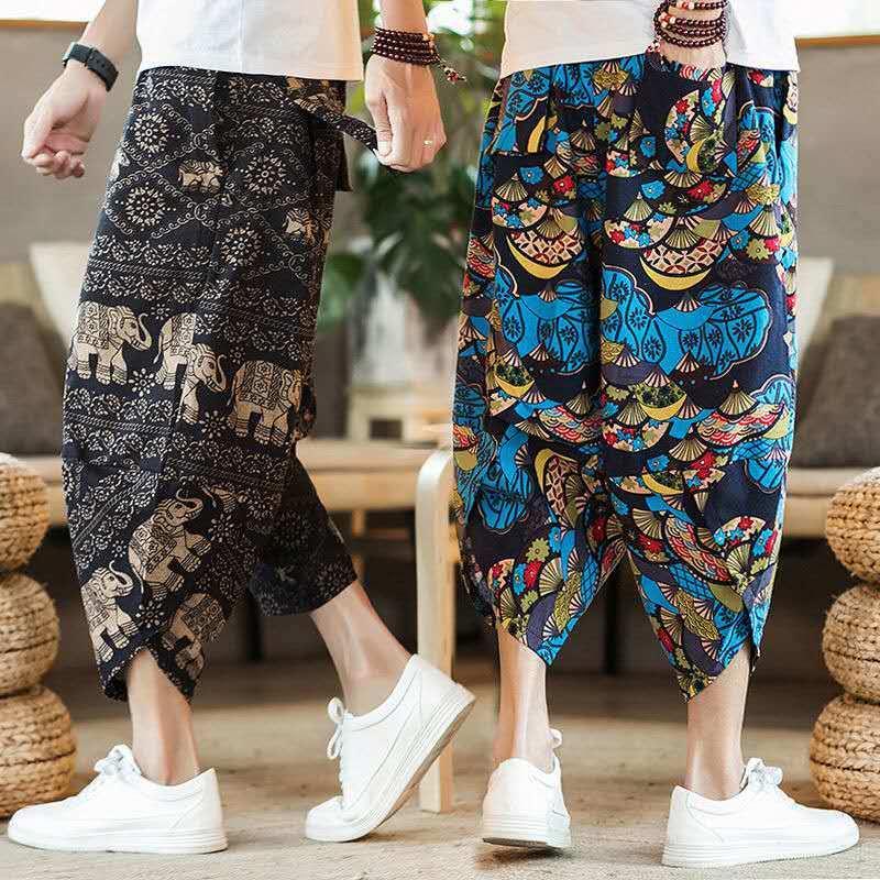 Product Introduction of Wind Cotton Linen Harem Pants Summer Beach Cropped Pants Men's Loose plus Size Bloomers Wind Flower Pants Trendy sweat  shorts jorts  pants linen  shorts  men 2