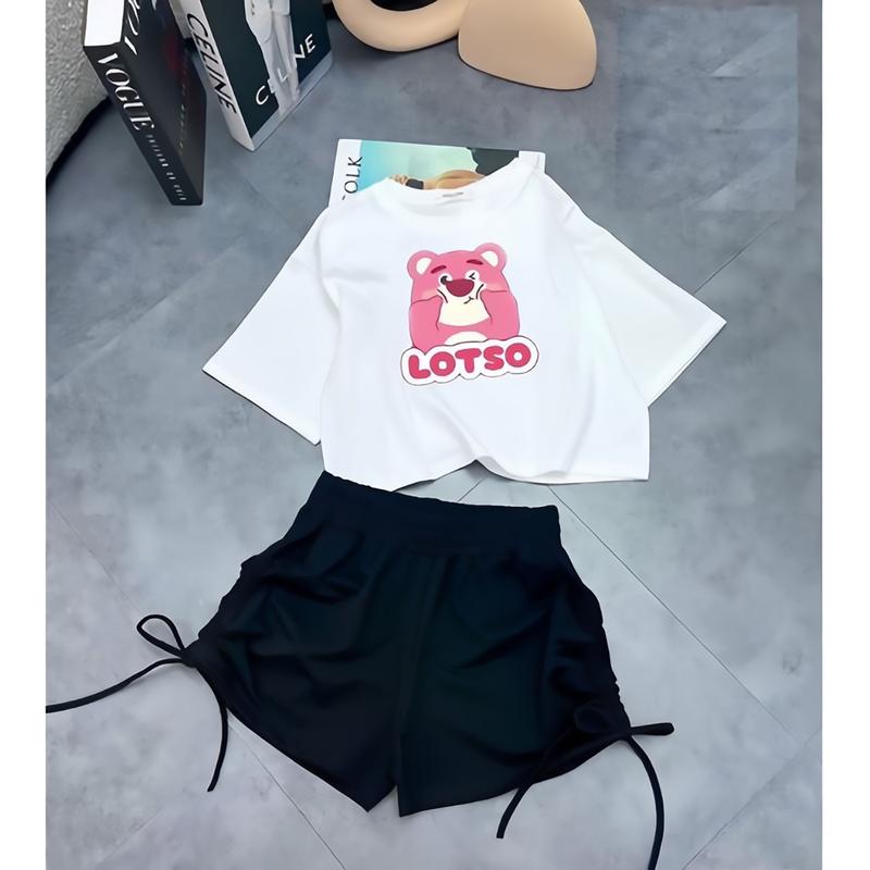 Set quần áo hè cho bé gái 4-14 tuổi , bộ cộc tay bé gái 14-45 kg , bộ quần áo croptop mẫu gấu dâu phong cách dễ thương năng động thấm hút mồ hôi .