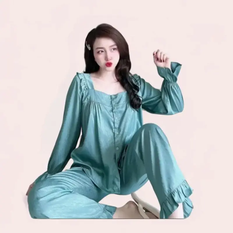 Bộ Ngủ Tb Pijama Chất Lụa Xước Cổ Vuông Tay Dài Quần Dài Cho Nữ - Nhung Nhung Tăm Áo Voi - Women, Size 1: 35-49kg, Size 2: 50-65kg - Nho, Quần Ngủ setdongu cute đồ  macnha 1