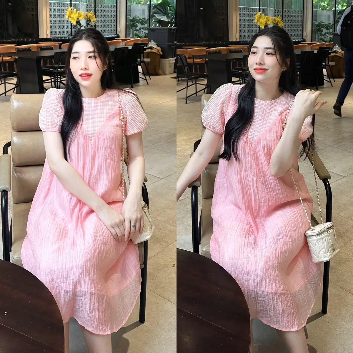 Đầm bầu Vera voan tơ tay phồng phối ren tiểu thư nhẹ nhàng
