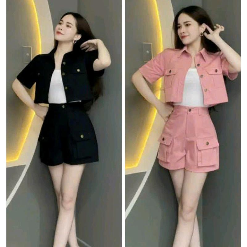 1Q296 Set Bộ Nữ 3 Món Gồm Áo khoác croptop, Quần short và Áo lót trong (Eo 60-70cm vừa) Women, Đen