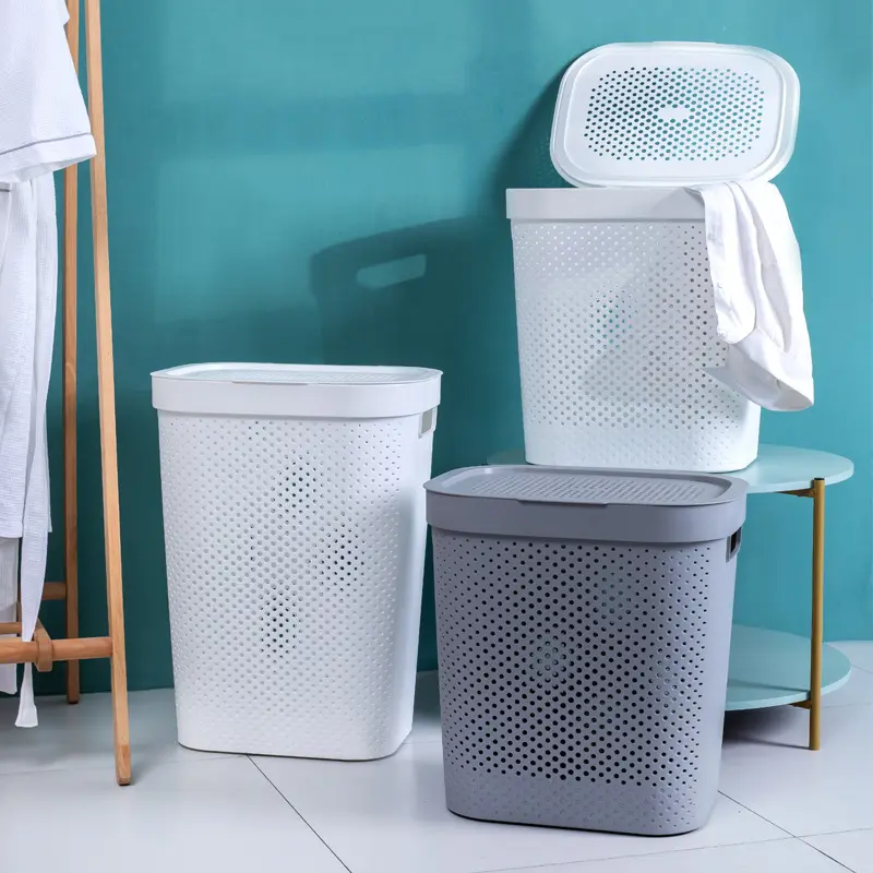 Household Plastic Laundry Basket, Bathroom Storage Basket, Large Japanese Laundry Basket with Lid Cover Hollow Organiser Minimalist