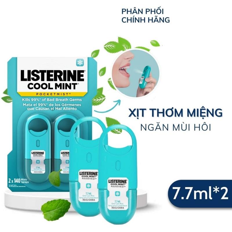   Siêu Rẻ  Vĩ 2 Xịt thơm miệng diệt khuẩn Listerine 7,7ml Cool Mint Pockeymist Mỹ Hadamart 
