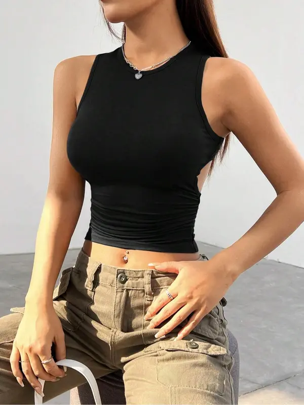 Women's Solid Ruched Backless Crop Tank Top, Casual Sleeveless Round Neck Top for Summer, Ladies Clothes for Daily Wear 6