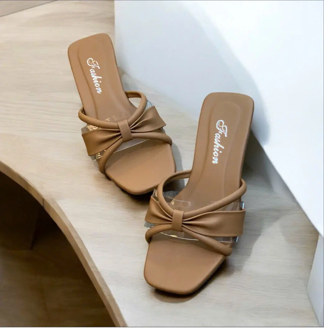 dép nữ cao gót,Guốc nữ meka gót 3 phân quai quai thắt nơ