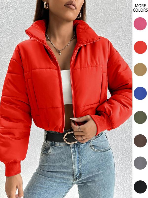 Women's Solid Zip Up Drop Shoulder Stand Collar Crop Puffer Jacket without Top, Coats for Women, Fashion Casual Mock Neck Zipper Short Coat, for Spring Fall Winter, Feminine Tops, Womens Tops 4