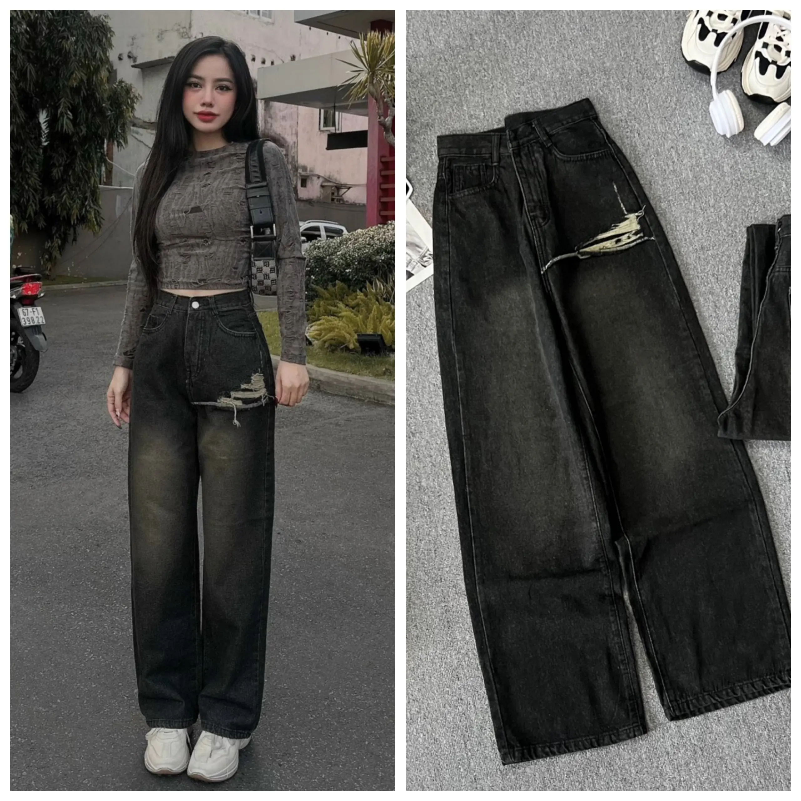 Quần jeans nữa ống rộng lưng cao chất jean mềm mại M5591