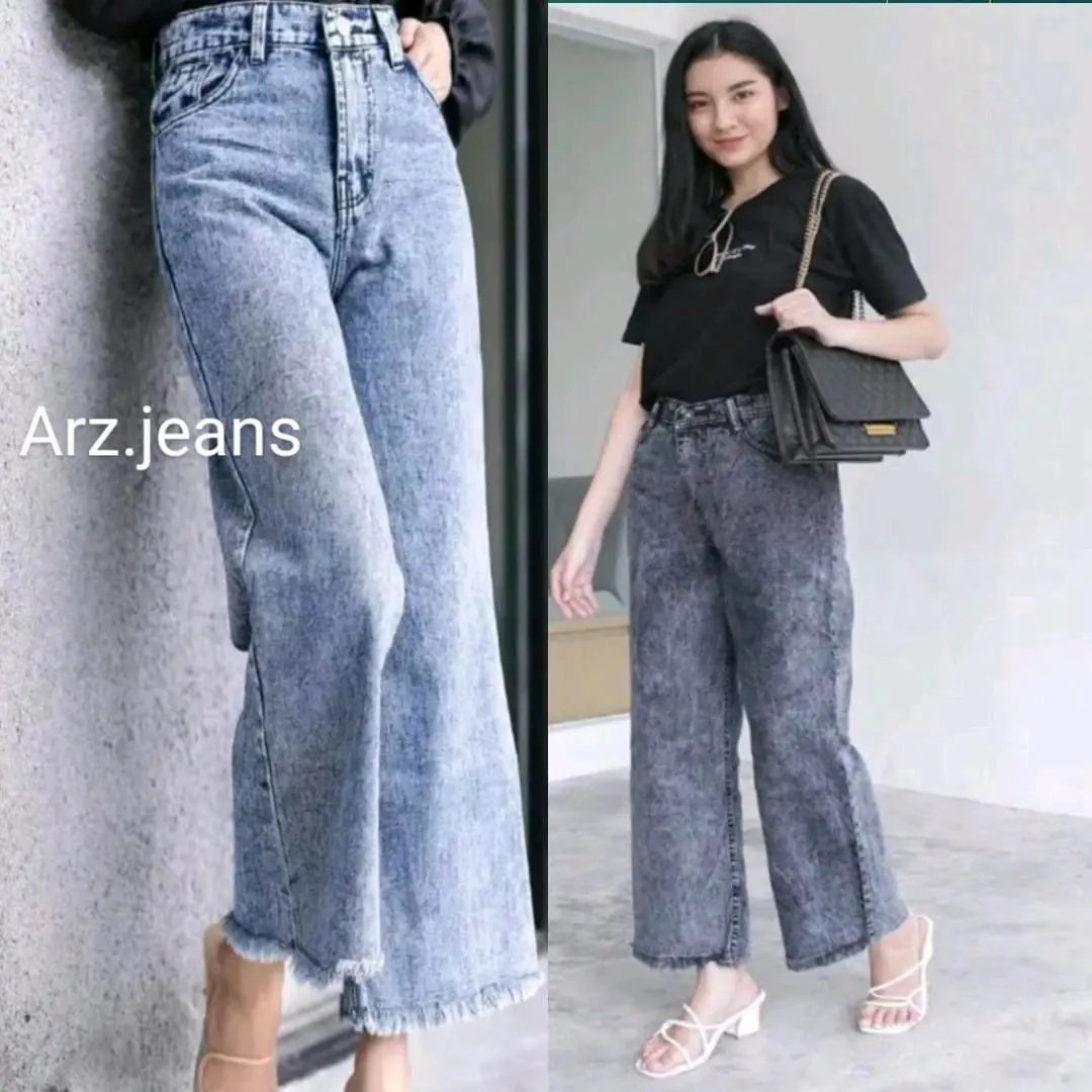Highwaist Celana Jeans Kulot  Panjang Wanita Blue Snow Lipat Rawis Denim Cewek Nyaman