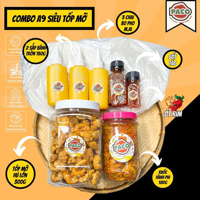 [SIÊU TÓP MỠ A9] Combo bánh tráng phơi sương Paco Food hủ tóp mỡ lớn 3 chai bo 300g 300g bánh tráng phơi sương 1 hủ ruốc 180g kèm 1 chai sốt tắc 1 chai ớt rim-đồ . ăn vặt snacks