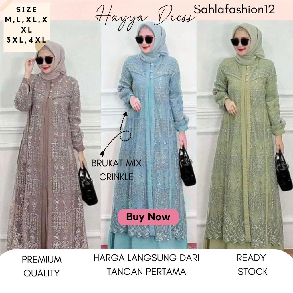 Hayya Dress Brukat Tulle Gamis Muslim Dress Murah Gamis Syari size M L XL XXL XXXL XXXXL Fit Crinkle Wanita Kondangan Maxi Pesta Simple Dewasa Mewah Remaja
