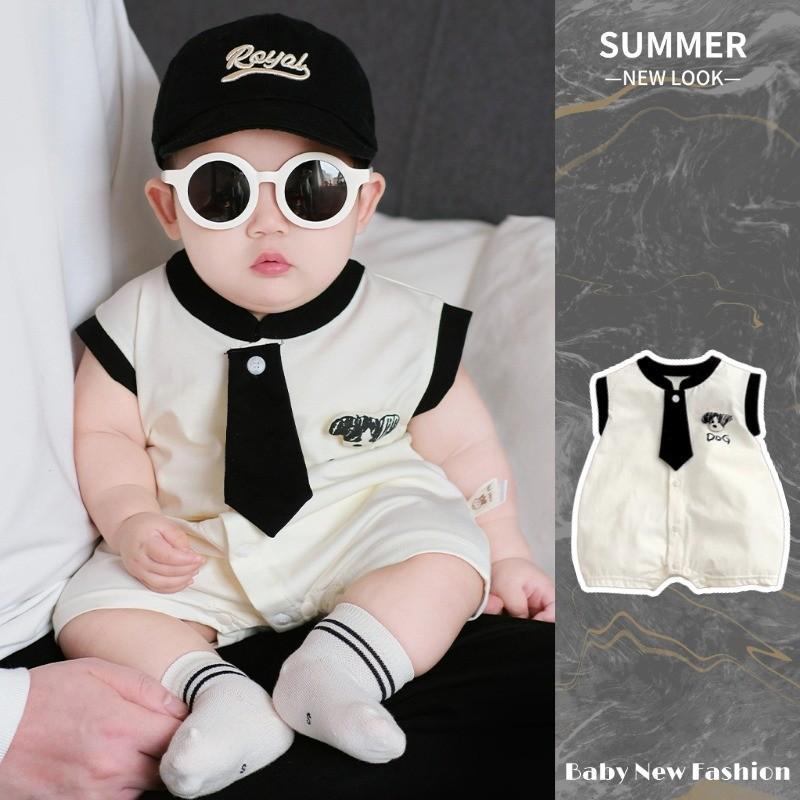 Quần Áo Trẻ Em, Hàng Mới Về Mùa Hè, Cho Bé Trai Và Bé Gái, Phong Cách Trường Học, Áo Liền Quần Không Tay, Bao Gồm Cà Vạt, Thích Hợp Cho 0-24 Tháng, Thoải Mái Và Thoáng Khí, Áo Liền Quần Chó Con Hoạt Hình, Phong Cách Hàn Quốc