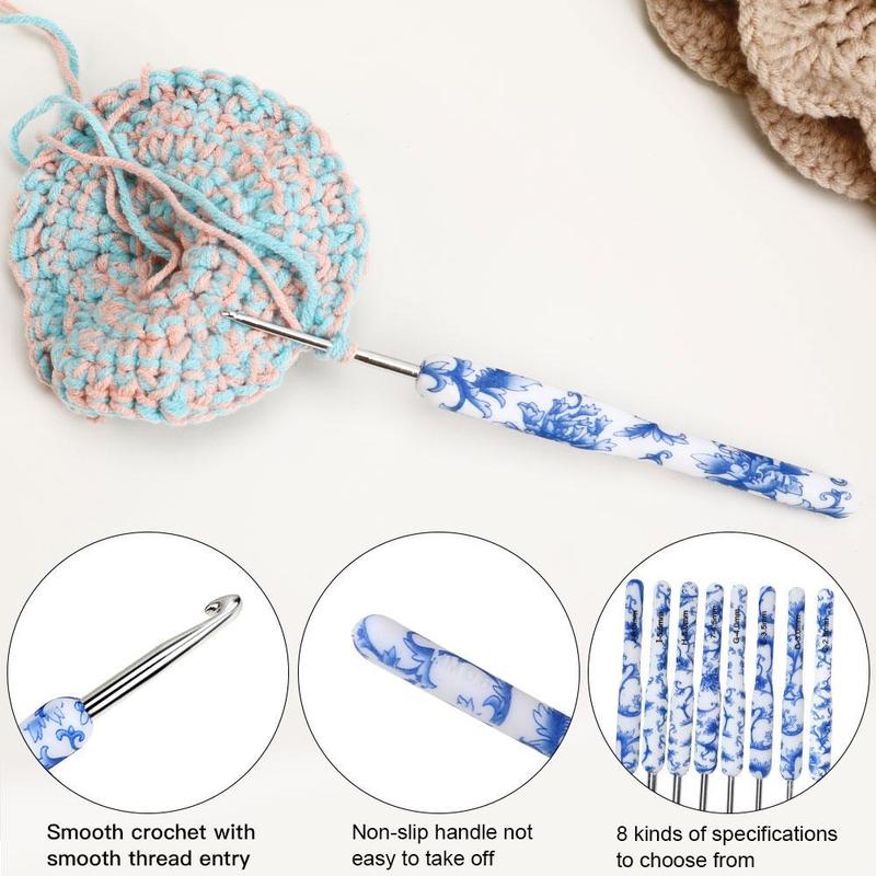 8pcs/set Blue and White Porcelain Pattern Crochet Hook Set, Crochet Supplies For DIY 8
