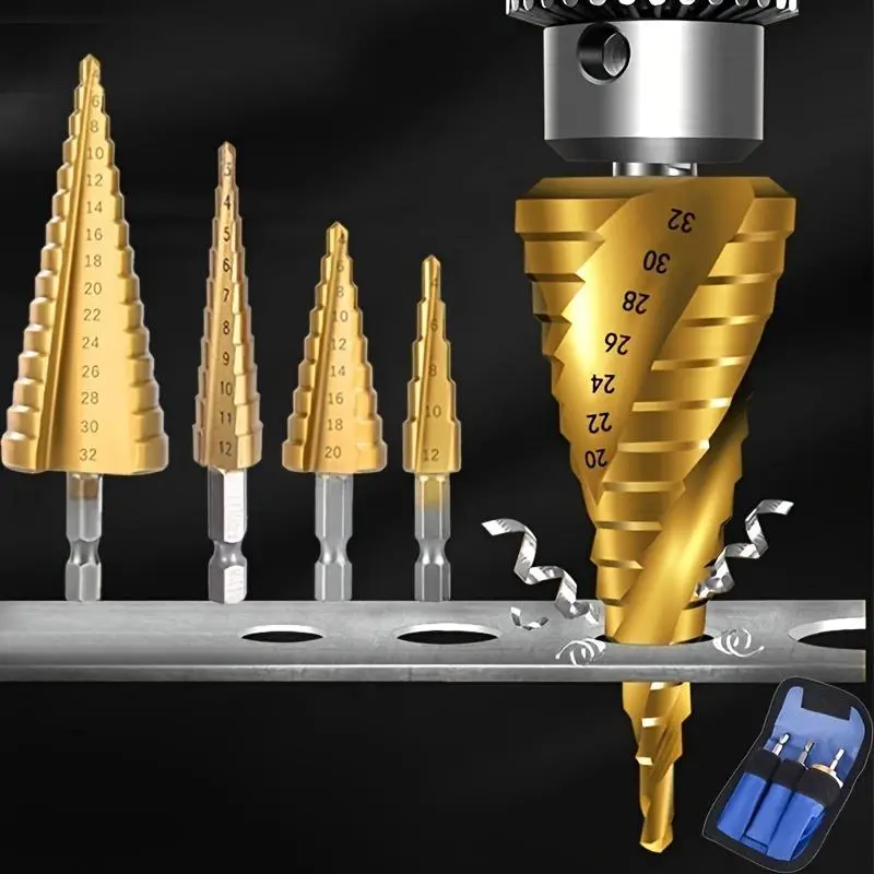 Spiral Groove Step Drill Bit Set, 3 Counts/set Titanium Coated High Speed Steel Step Drill Bit Set, Multifunctional & High Efficient Power Tool Accessories