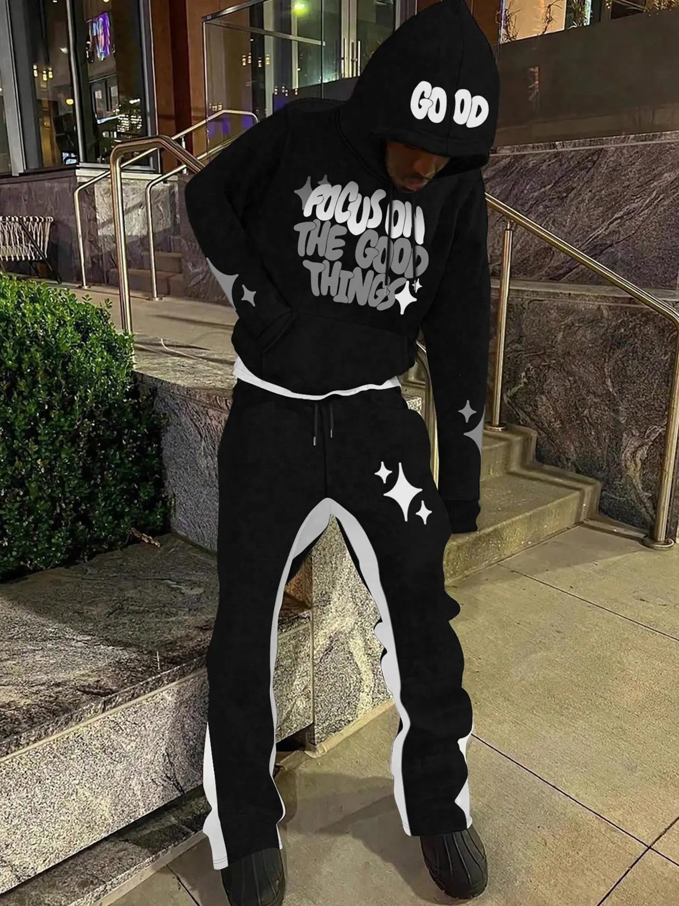 Unisex Men's Letter Print Drawstring Hoodie & Sweatpants Set, Casual Regular Fit Long Sleeve Pocket Hooded Sweatshirt & Flare Leg Pants, Men's Spring & Fall Clothes