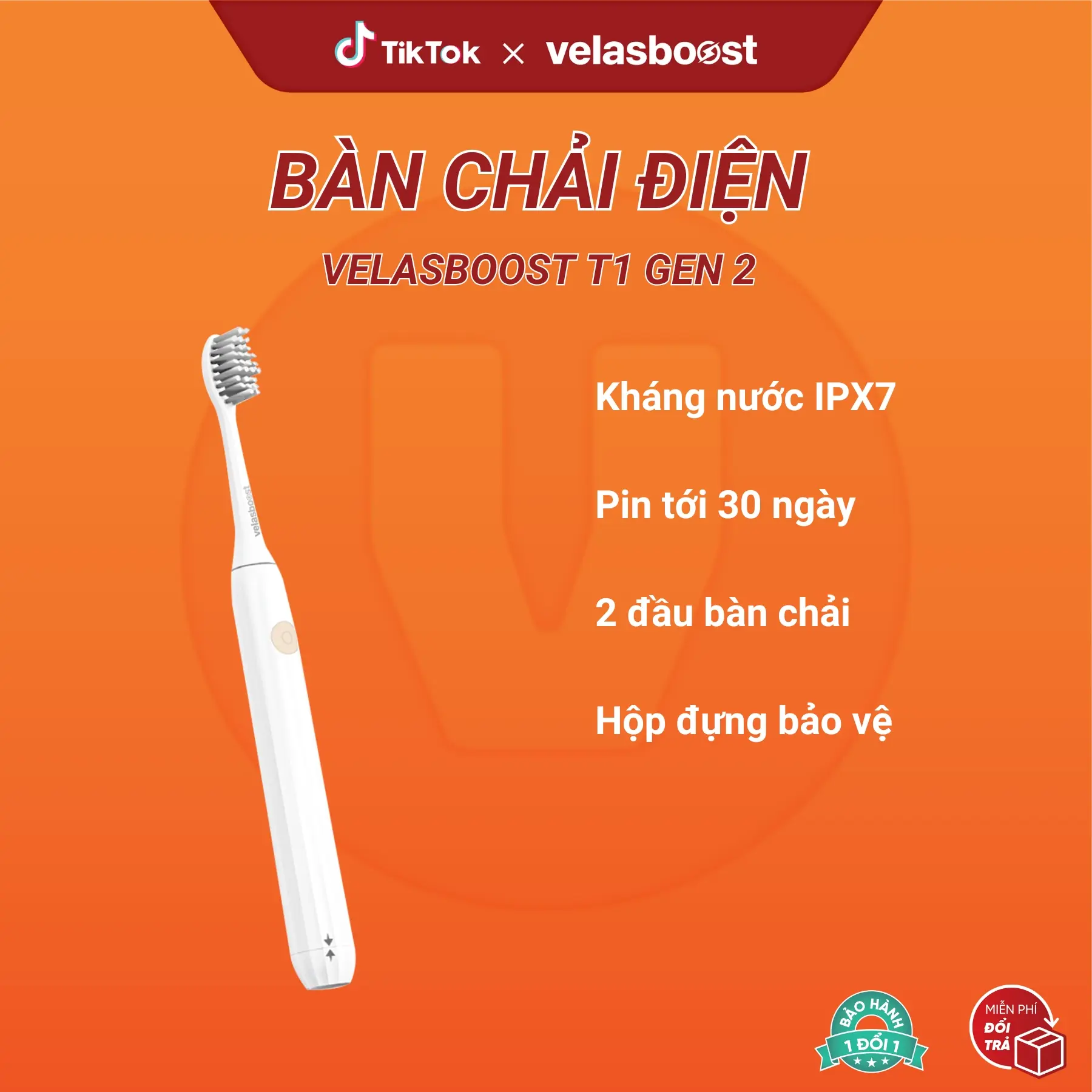 Bàn chải điện velasboost T1 gen 2, 3 mức độ rung, Pin lên tới 30 ngày, Lông bàn chải mềm, Bảo hành 1 đổi 1
