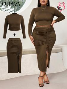 CURVZY Plus Size Two-Piece Set Solid Color Long Sleeve Top & Ruched Drawstring Split Thigh Skirt, Casual Fashion Cozy Outfits for Daily Outdoor Wear, Women Clothing for Fall & Winter
