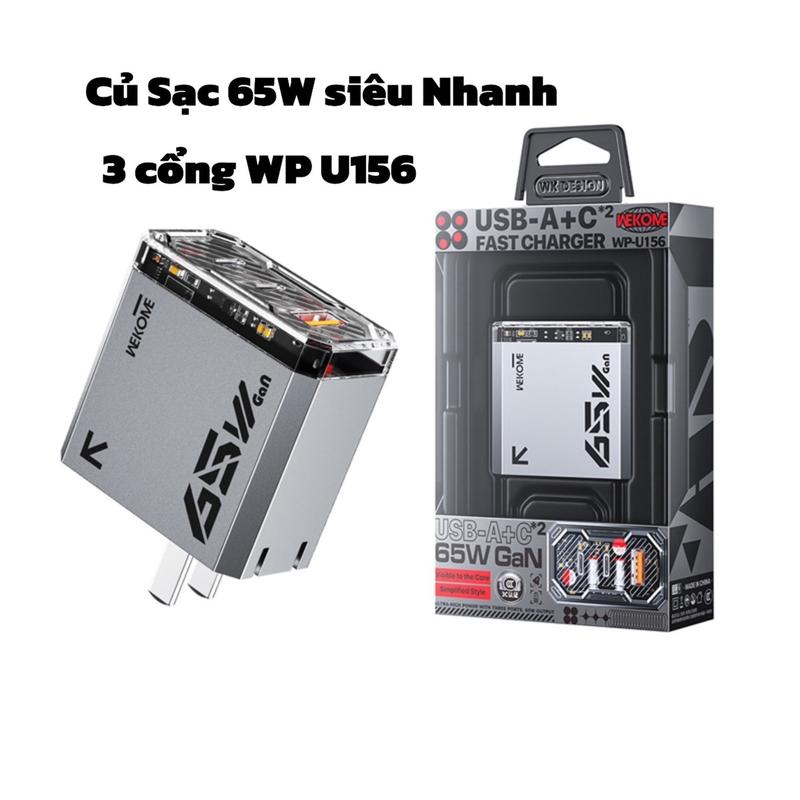 Bộ sạc 65W WEKOME siêu nhanh U156, 3 cổng GaN chống quá tải & áp cho iPhone 8_16promax và Samsung MTB laptop BH 6 tháng Usb Phụ Kiện