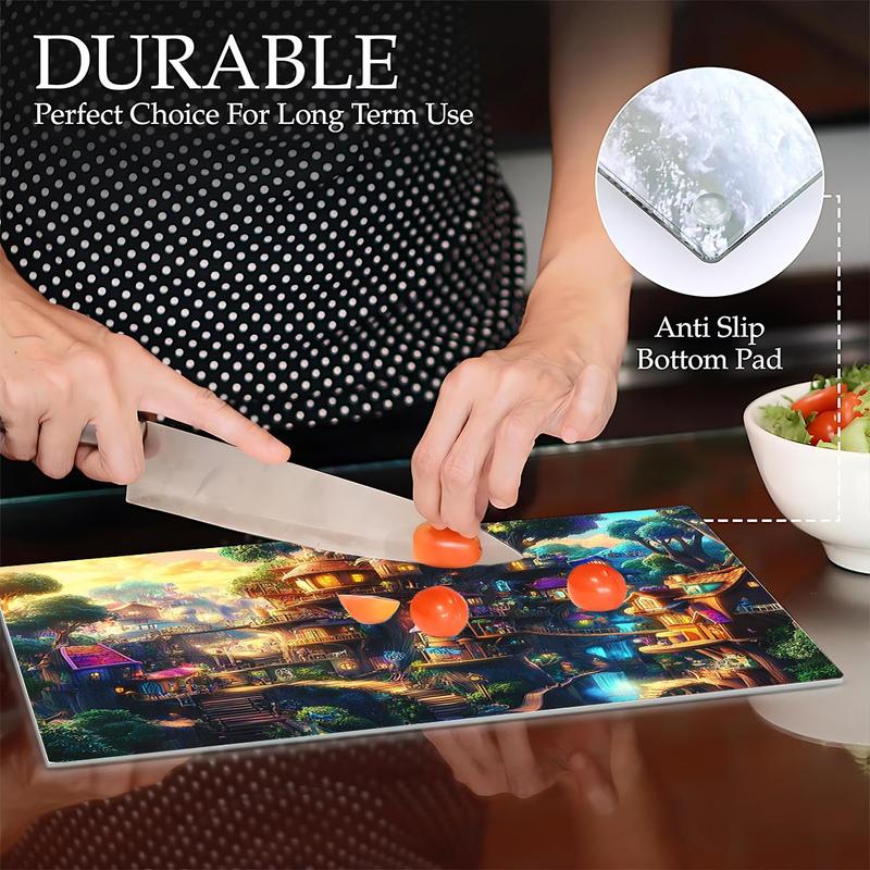 Product Introduction of Cartoon House Pattern Chopping Board, 1 Count Tempered Glass Kitchen Cutting Board with Non-slip Base, Durable Kitchen Decorative Cutting Board 7