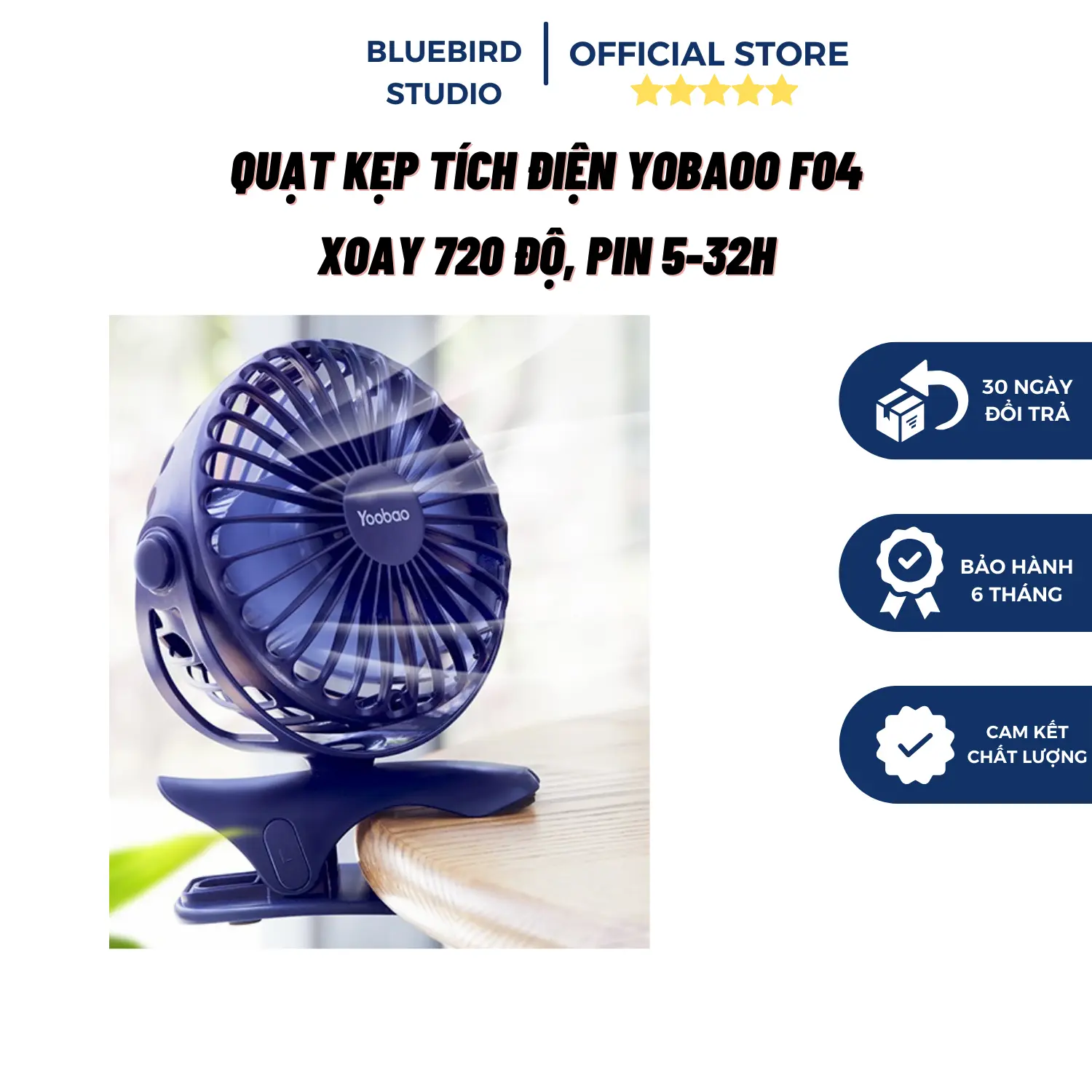 [Đổi Trả 30 Ngày] Quạt tích điện Yobaoo F04 kẹp xoay 720 độ Pin 5-32h Fan