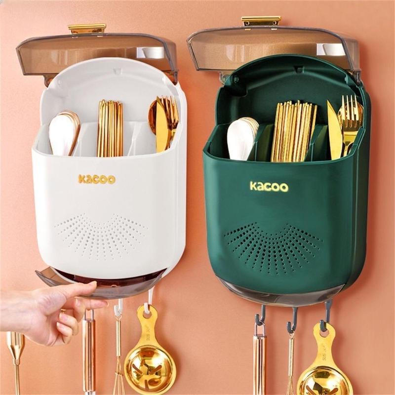 Hộp đựng đũa muỗng treo tường thoáng khí ngăn ẩm mốc,  Ống đựng đũa có nắp đậy chống bụi, côn trùng tích hợp móc treo
