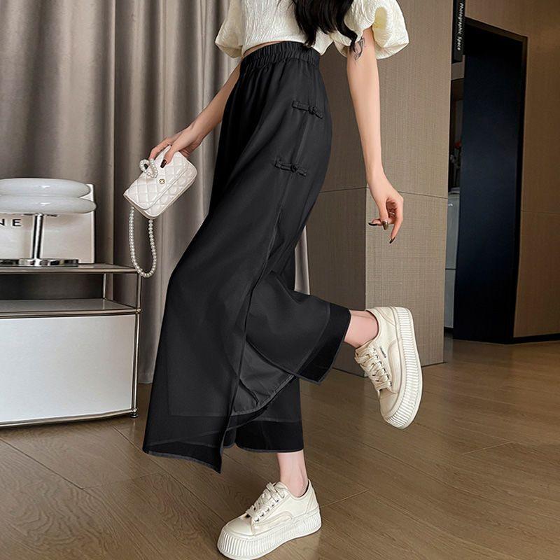 Quần Ống Rộng Voan, Phong Cách Trung Quốc Mới, Dành Cho Nữ, Bộ Sưu Tập Mùa Hè 2024, Quần Cropped Dáng Rộng Thường Ngày Quần Váy Cổ Tích Mỏng Chảy 8