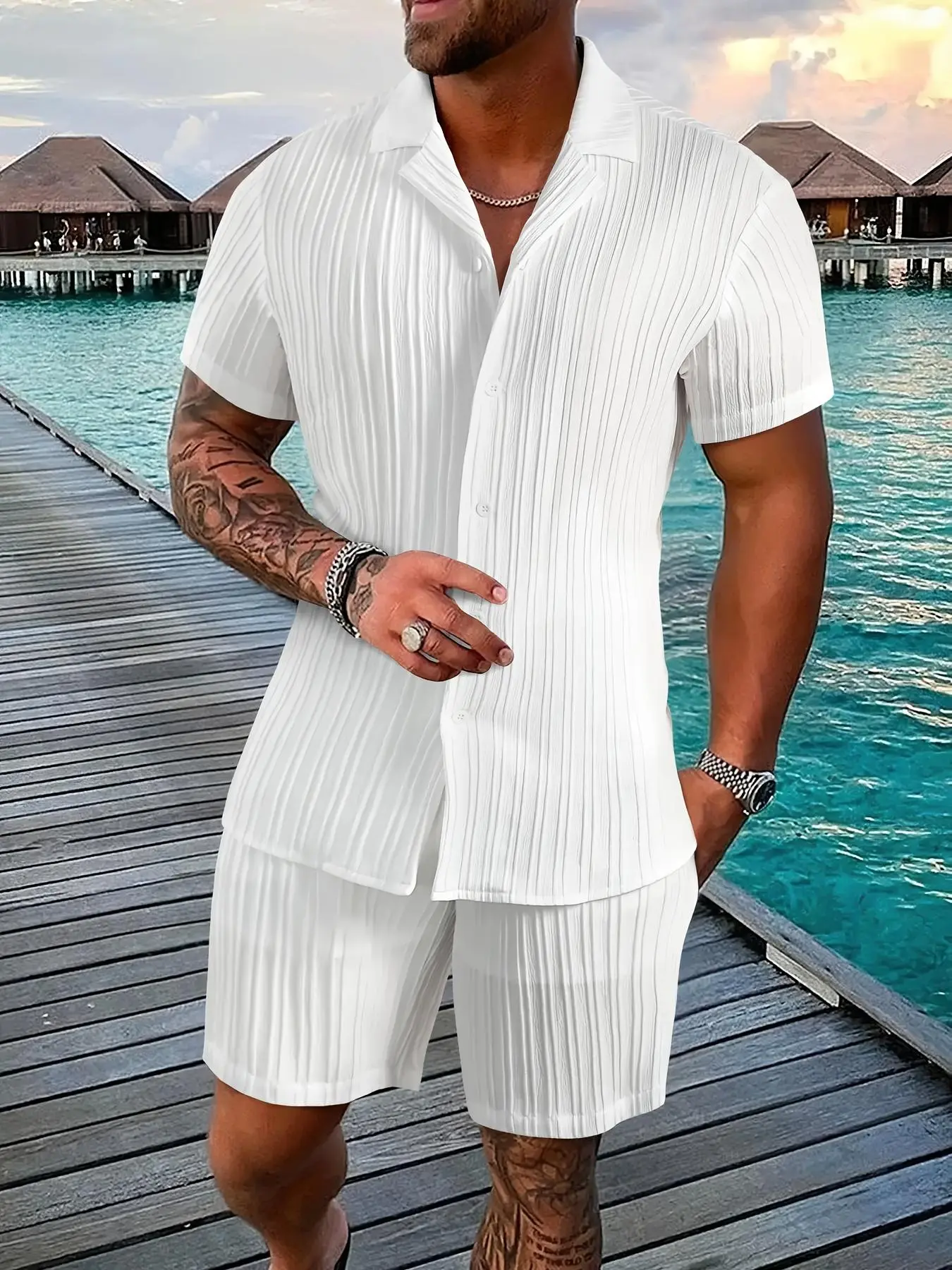 Men's Solid Color Textured Short Sleeve Shirt & Shorts Two-piece Set, Regular Fit Casual Comfy Button Down Collared Top & Shorts for Summer, Men's Clothes for Vacation Holiday Beach