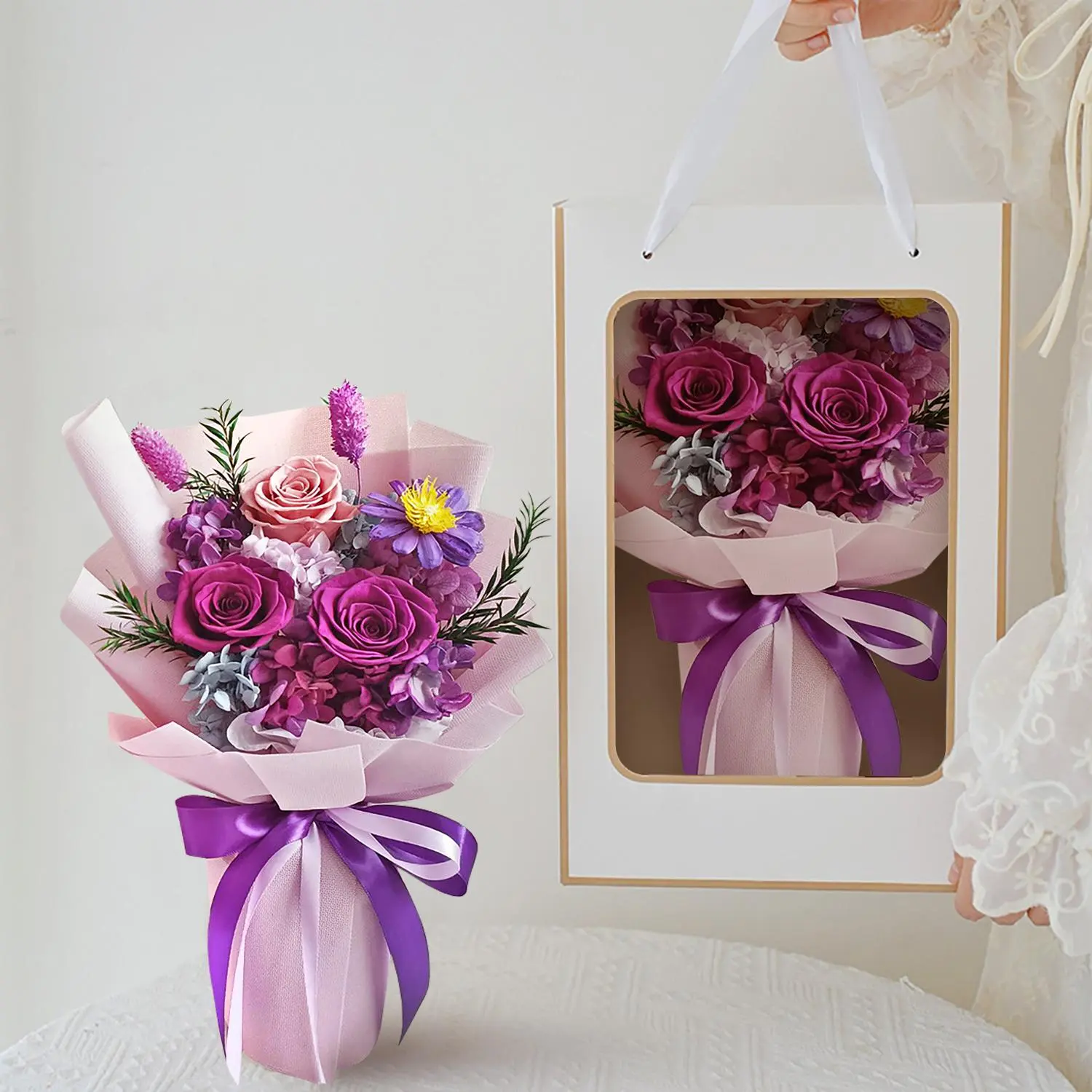 Preserved Real Rose Bouquet, 1 Count Eternal Rose with Dried Flowers, Long-lasting Floral Arrangement for Home Decor, Mother's Day Gift
