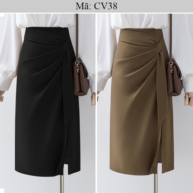 CV38: Chân váy dáng xuông nhấn ly + dây nơ - dài váy 70cm