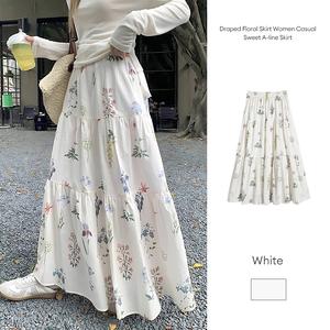 【READY STOCK】zeronee-my01 Korean Style Draped Floral Skirt Women Casual Sweet A-line Skirt pleated Long Skirt for Women