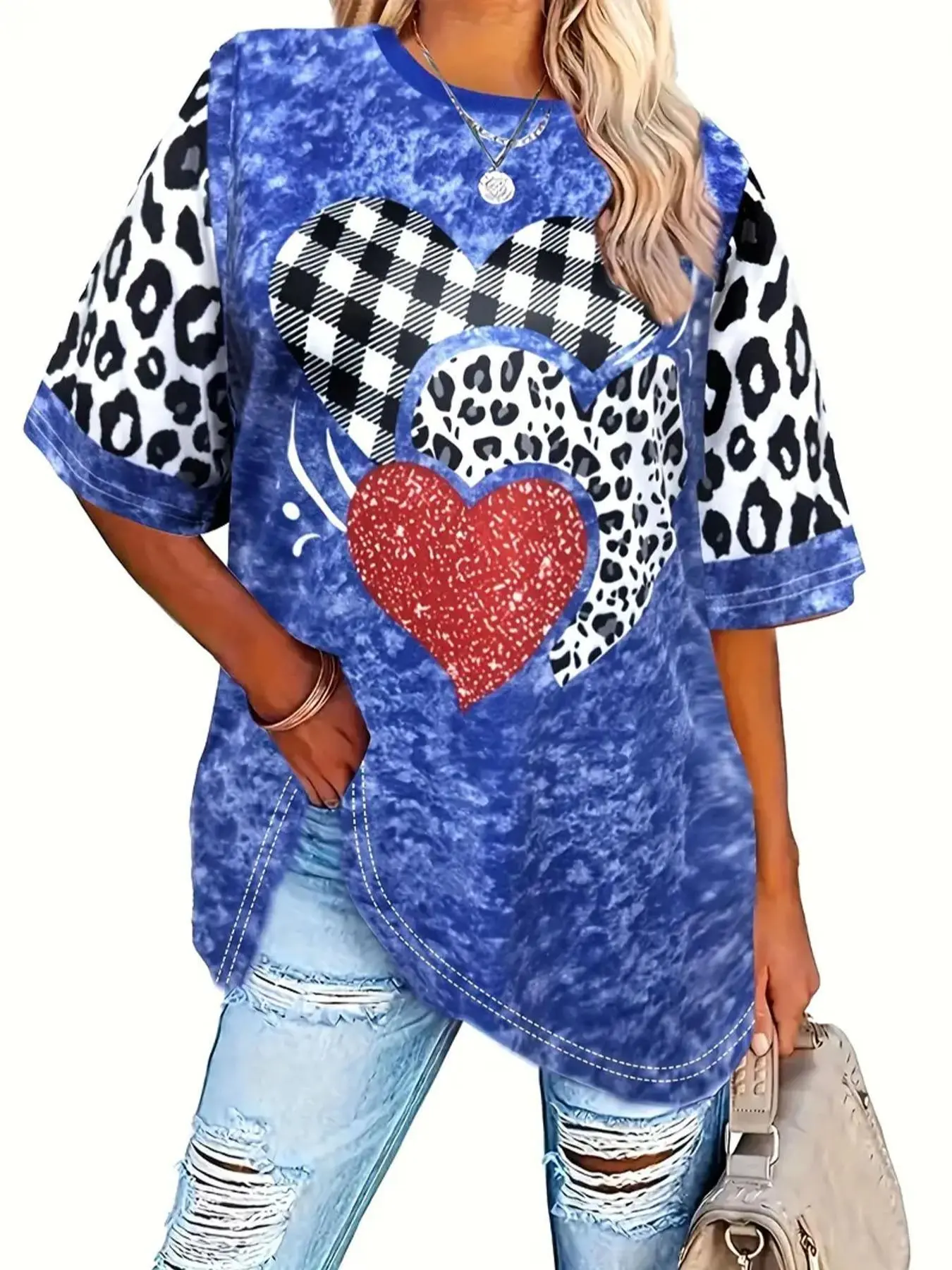 Plus Size Leopard Heart Print Drop Shoulder Tee, Casual Half Sleeve Round Neck T-Shirt for Summer, Women's Plus Clothing for Daily Wear Valentine's Day, gift