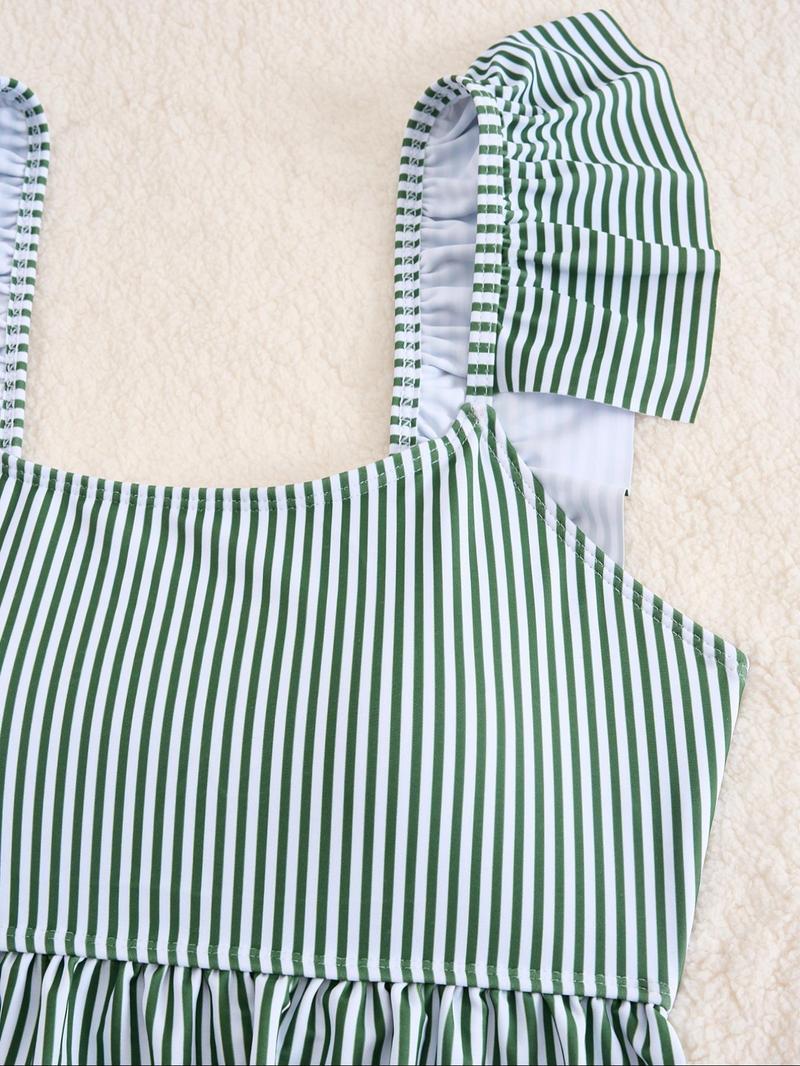 Product Introduction of Women's Striped Print Tankini Set, Casual Flounce Sleeve Swim Top & Swim Bottom Two-piece Swimsuit for Summer, Fashion Women's Swimwear for Beach Holiday Vacation 6