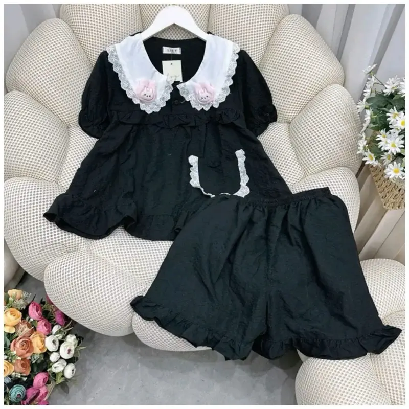 (Màu Pastel) Bộ Ngủ Nữ, Bộ Pijama Mặc Nhà Nữ Chất Đũi Gạo Nhiều Màu Mịn Mềm, Thấm Hút Tốt, Áo Ngủ Phối Ren Tiểu Thư Quần Ngủ Freesize Women Nhung Voi Kem Tim Nho đũi  xốp 4