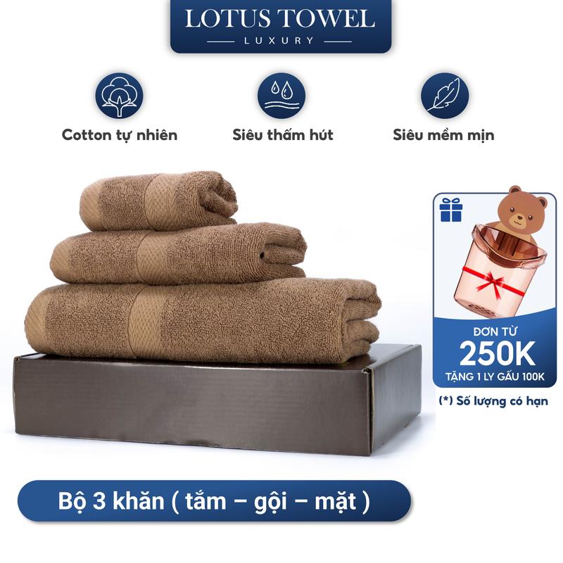 Bộ 3 Khăn ( Khăn Tắm, khăn Gội, Lau mặt) lotustowel Làm Từ Sợi Cotton Cao Cấp, Mềm Mịm, Thấm Hút, Không Ra Màu Dùng cho Nhà Tắm, Spa, Khách sạn, Resort