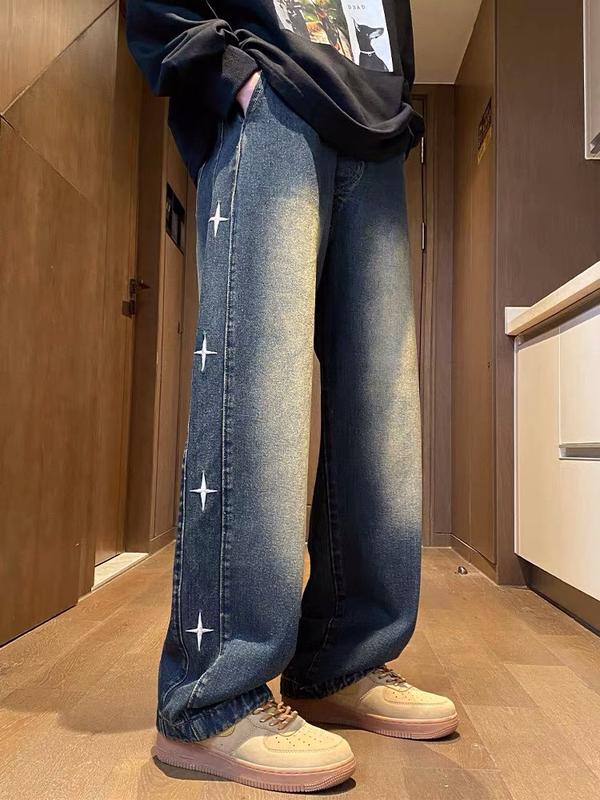 Quần Jean thêu chữ thập unisex nam nữ đều mặc được, quần bò dáng rộng 2 màu xanh, xám Menswear Pants