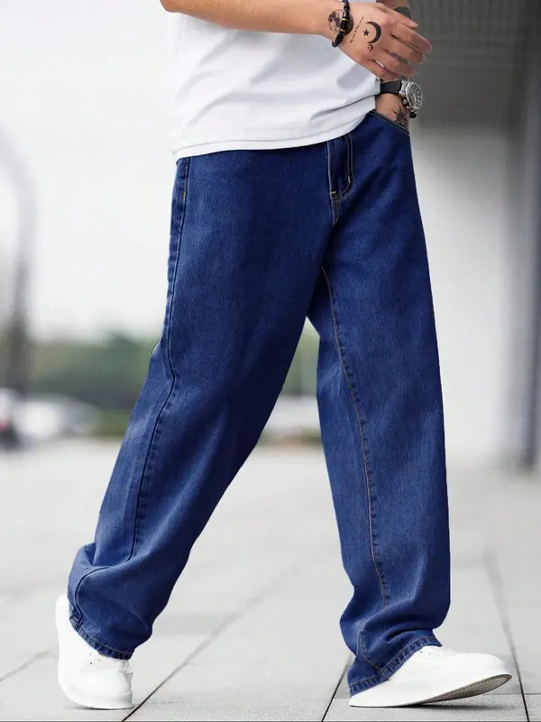 Men's Solid Color Wide Leg Jeans, Loose Casual Comfy Denim Trousers for Daily Wear, Fashion Men's Bottoms for All Seasons, Cotton, Casual Pants 6