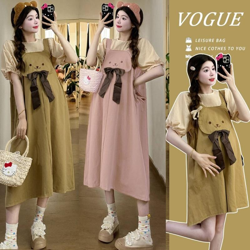Bộ yếm bầu xinh đẹp SET173 Young Mom có 2 màu Nâu Tây và Hồng với kiểu yếm váy và yếm jum quần, chất liệu mát Thai sản Thai kỳ, họa tiết nhẹ nhàng, size M - XXL Váy Bầu Đầm Bầu Voi