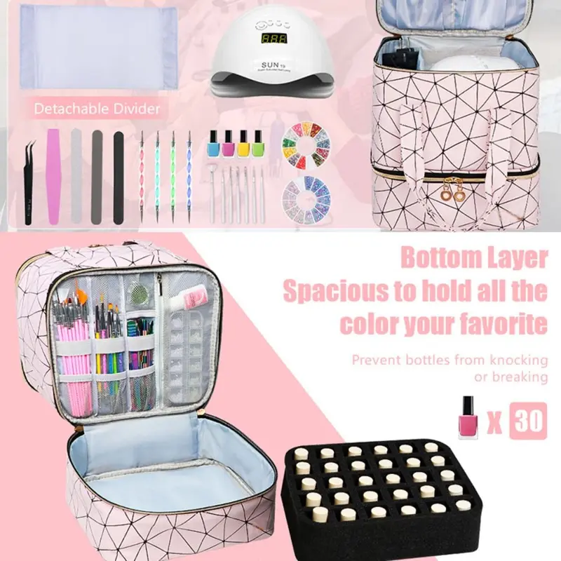 Túi Sắp Xếp Móng Tay 30 Ngăn Túi Trang Điểm Hai Lớp Bằng Nylon PU Mới Có Tay Cầm Túi Xách Túi Làm Móng Cho Gel Sơn Móng Tay 1