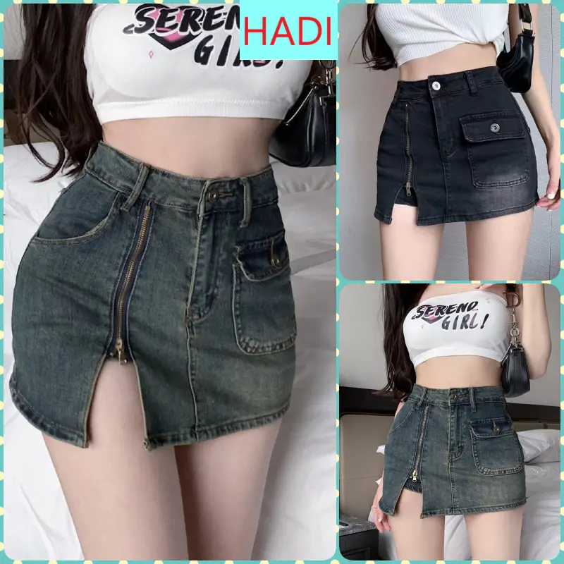 [CVJNN1440] CHÂN VÁY JEANS NỮ LƯNG CAO KHÓA KÉO HÔNG TÚI NẮP MÀU XANH ĐẬM XÁM ĐẬM LAI CUỐN KÈM LÓT CÁ TÍNH