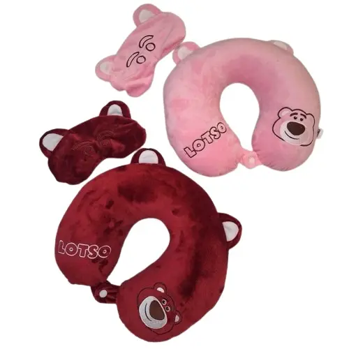 Boneka Bantal Leher New Free Penutup Mata dan Bantal Leher Karakter Kupluk Hoodie Hewan Travel Dewasa Merah Pink Bed