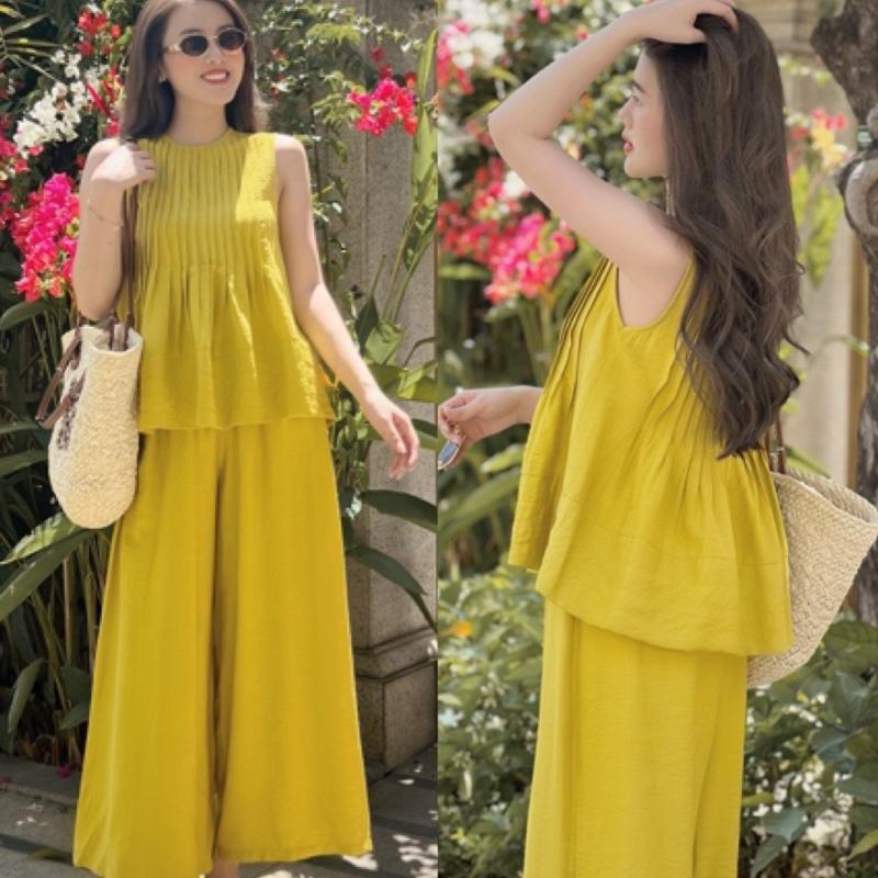 Quần Áo Nữ Mùa Hè - Set xinh áo form suông xếp ly kèm quần suông rộng lưng thun. Chất xô linen Tay ngắn Women Top