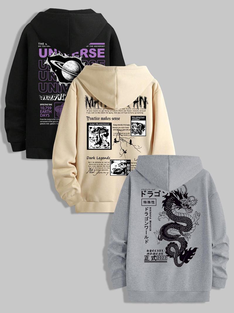 Product Introduction of Men's Letter & Dragon Print Pocket Drawstring Thermal Lined Hoodie, Regular Fit Casual Long Sleeve Hooded Sweatshirt, Men's Fall & Winter Clothes for Daily Wear 1