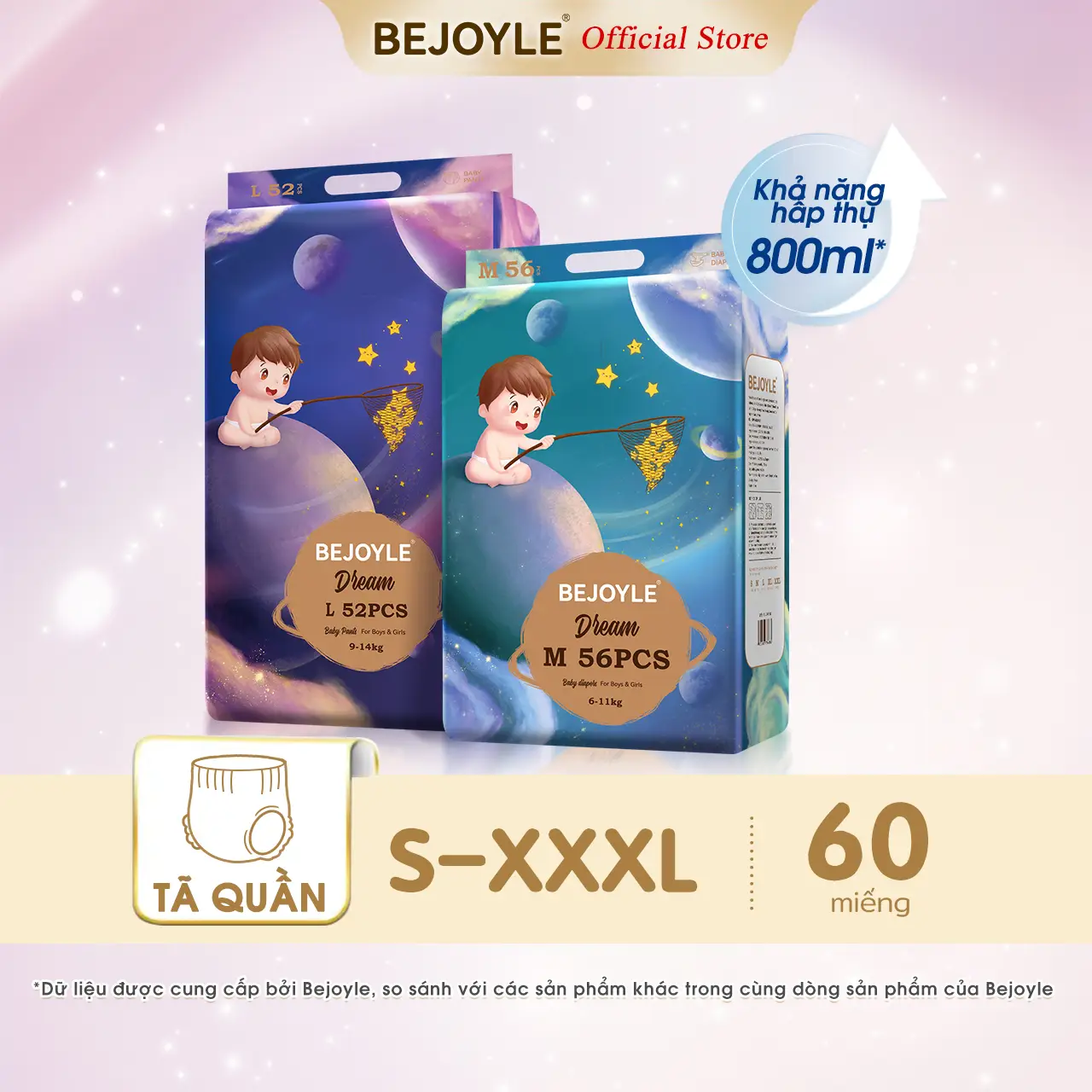 Bejoyle Tã Bỉm cao cấp nhập khẩu 60 miếng S-XXXXL bỉm quần/dán, dày 2mm mỏng nhẹ, mềm mại ên mềm, thấm khí thoáng mát, giữ khô liên tục, hạn chế ẩm ướt, ôm sát cơ thể bé, tã em bé chất lượng cao