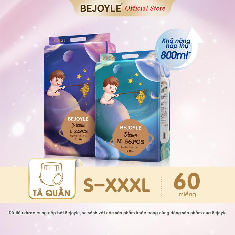Bỉm Bejoyle Dream size S M L XL XXL XXXL 60 miếng dán tã quần mỏng thấm hút màng 3D khô thoáng mềm mại như bàn tay mẹ Cho Bé