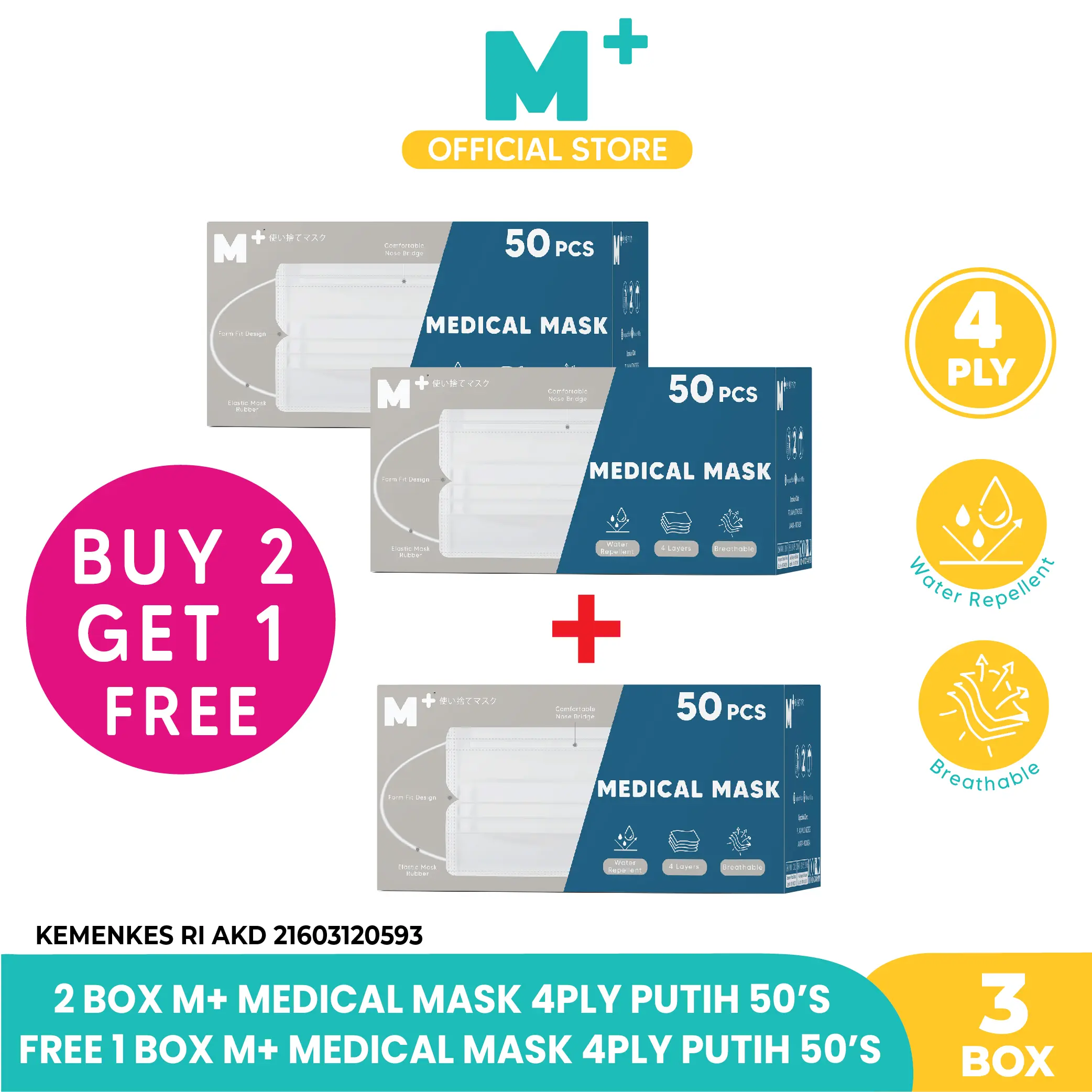Buy 2 Get 1 M+ Surgical Mask Earloop 4 Ply - Masker Medis Isi 50 Pcs Kuat