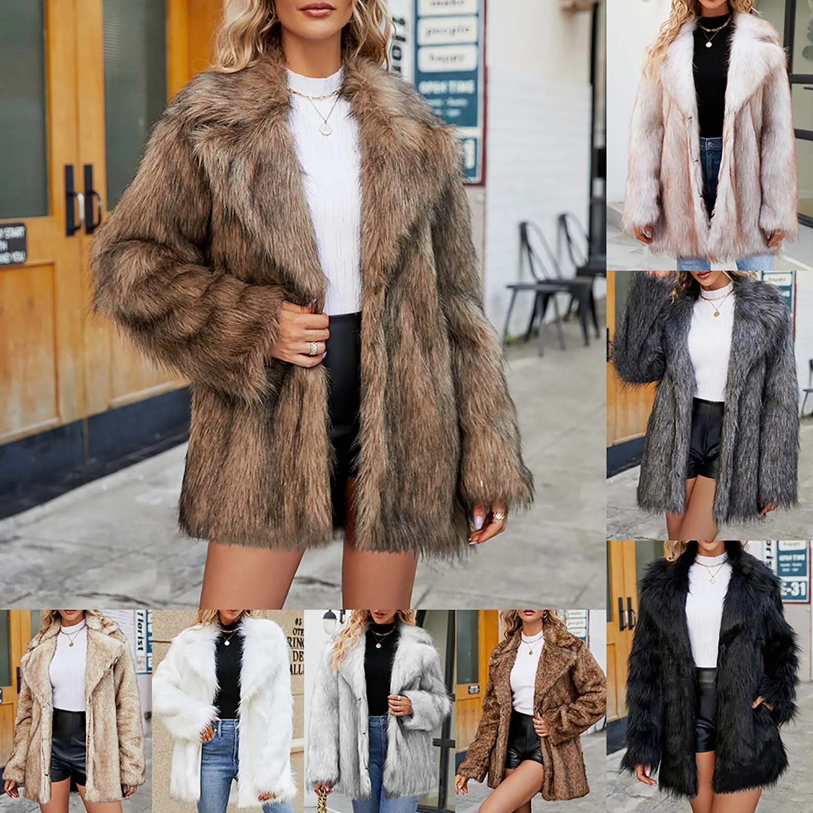 Womens Ladies Warm Faux Furry Long Coat Jacket Winter Solid V-neck Outerwear，Latest Viral Korean Style Elegant Clothing